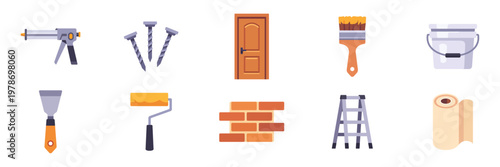 Set of renovation construction home repair icons, door, nails, paint roller, brush, ladder, wallpaper, colorful collection with vector flat illustrations
