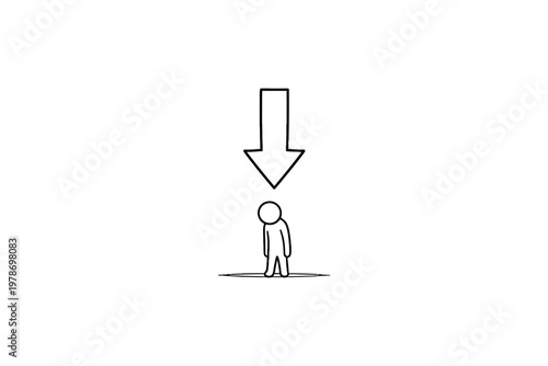 Sad stick figure under a large downward pointing arrow symbolizing pressure
