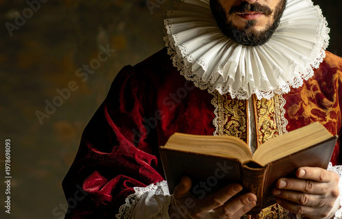 Hombre con vestimenta del Siglo de Oro español leyendo un libro abierto evocando la literatura clásica española y cultura en la época de Miguel de Cervantes