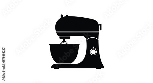 A stark black silhouette of a stand mixer against a white background silhouette