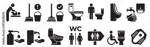 restroom and sanitation icons set with toilet cleaning and hygiene symbols, bathroom facility equipment and maintenance pictograms in silhouette style isolated on transparent background