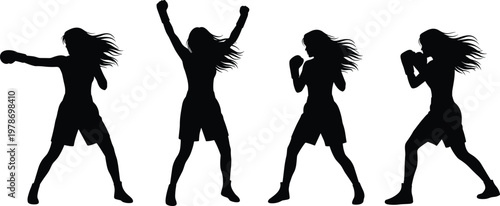 Silhouette set of female boxer in various action poses, featuring punching, victory celebration, and defensive stance for sports and fitness.