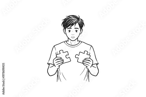 Young man holding two puzzle pieces, looking confused and uncertain