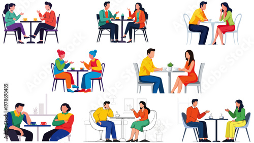 Happy friends and couples sitting in cafe talking and discussing lifestyle scenes in colorful vector illustration showing social interaction emotions.