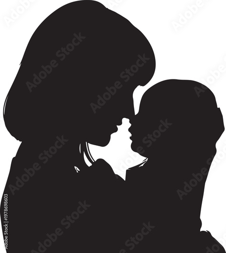 Silhouette of a mother and child kissing on the cheek vector illustration