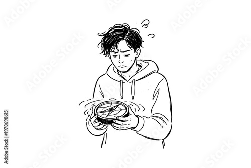 Young man looking confused at a spinning compass in his hands