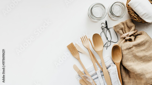 Zero waste lifestyle flat lay with reusable glass jars bamboo products on white background