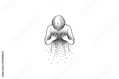 Person with hands on chest, dissolving into small dots, symbolizing loss or grief