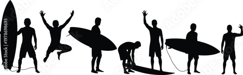 Silhouette set of male surfers with surfboards in various poses, including standing, jumping, waving, and preparing for water sports activity.