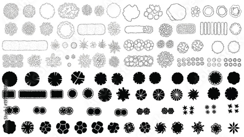 Garden landscape design vector set with botanical silhouettes, line art elements, planting plan layouts, architecture drafting symbols for creative outdoor projects.