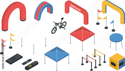 Isometric sports event equipment icons with inflatable arches, tents and race barriers