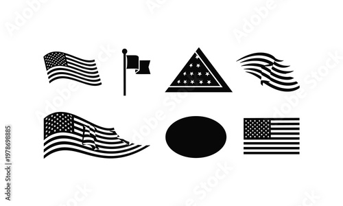 Collection of American flag and patriotic symbols vector illustration silhouette.