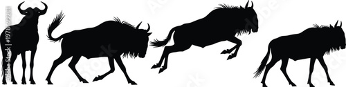 Wildebeest silhouette set featuring African gnu in various natural poses, including standing, walking, and jumping for safari and wildlife themes.
