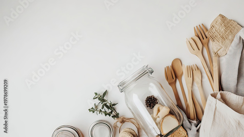 Zero waste lifestyle flat lay with reusable glass jars bamboo products on white background