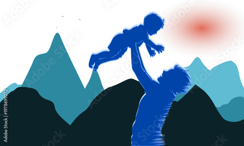 Blue silhouette of a parent joyfully lifting a baby high in the air against a scenic mountain landscape backdrop with a warm glowing sun, symbolizing love and family bonding