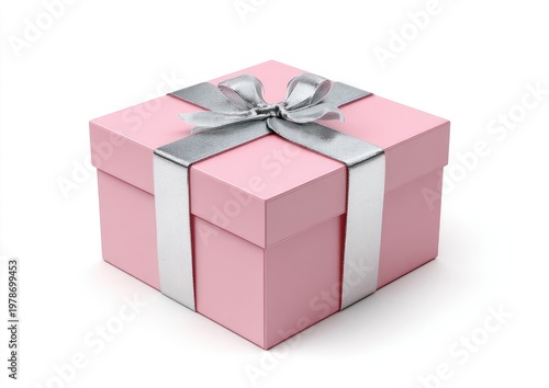 A pink gift box with a silver ribbon and bow sits on a white background
