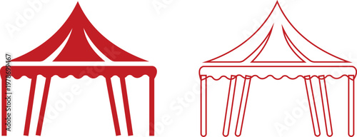 Event tent canopy pavilion icon set collection group in black red flat and line style vector illustration, camping shelter marquee gazebo awning symbol pack minimal outline design bundle