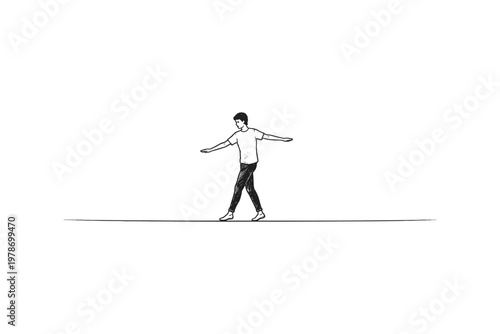 Man carefully walking on a tightrope with arms outstretched for balance