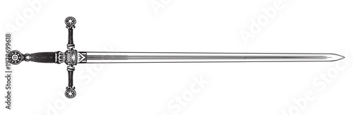 Original medieval or victorian 19 century sword and blade. Hand drawn engraving in traditional lineart ink style.