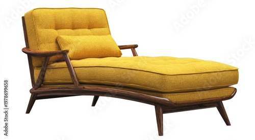 Vibrant yellow tufted chaise lounge with curved dark wood frame