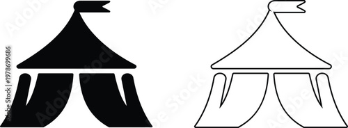 Event tent canopy pavilion icon set collection group in black red flat and line style vector illustration, camping shelter marquee gazebo awning symbol pack minimal outline design bundle