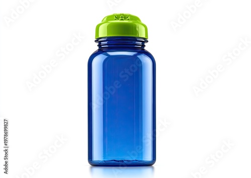 A transparent blue bottle with a bright green cap, isolated on a white background