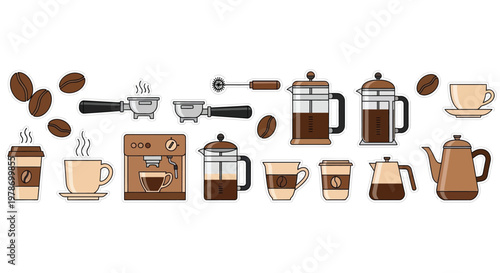 An assortment of coffee brewing equipment and beverages including pots presses and espresso machines