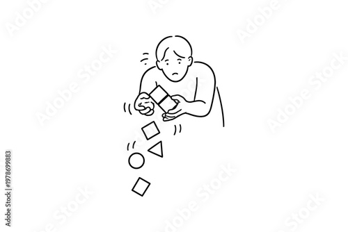 Frustrated person dropping geometric shapes, symbolizing confusion and difficulty