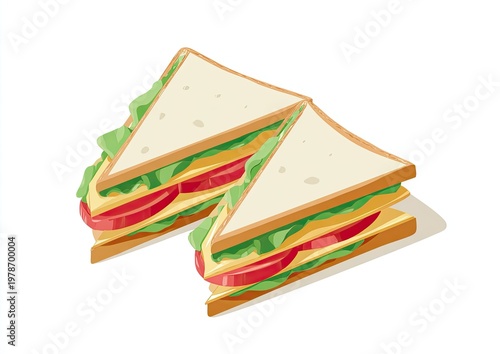 Two stacked triangular sandwiches with lettuce, cheese, and tomato