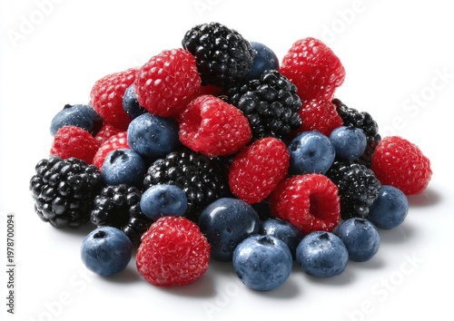 Vibrant pile of fresh blueberries, raspberries, and blackberries on white