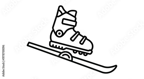 A simple black and white line drawing depicts a ski and a ski boot angled diagonally