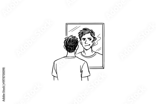 Man looking in mirror with a troubled expression, contemplating his reflection