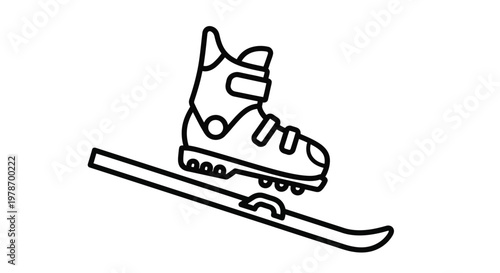 A simple black and white line drawing depicts a ski and a ski boot angled downwards