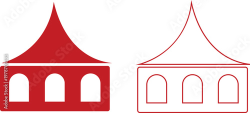 Event tent canopy pavilion icon set collection group in black red flat and line style vector illustration, camping shelter marquee gazebo awning symbol pack minimal outline design bundle