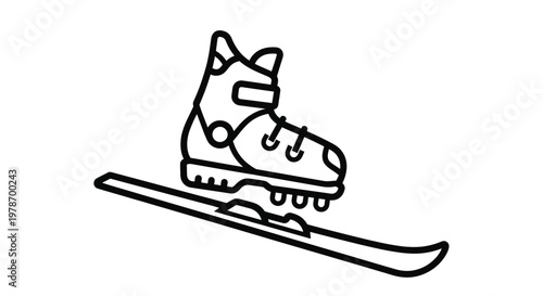 A simple black and white line drawing depicts a ski boot attached to a ski