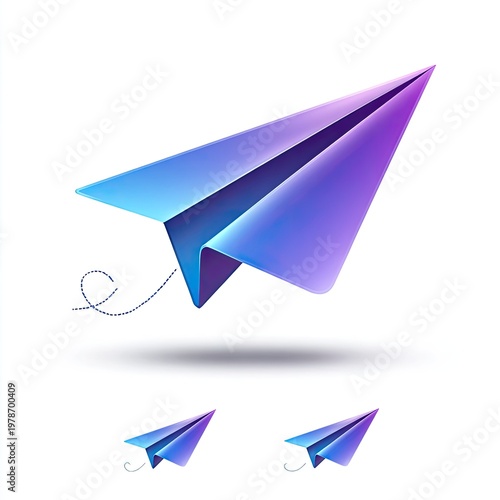 A vibrant paper airplane in blue and purple, with two smaller versions below