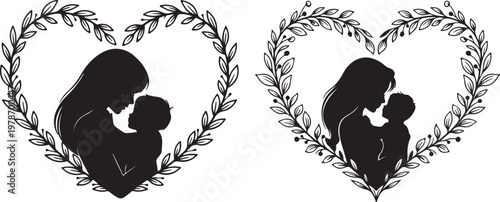 Two silhouettes of mother holding baby within heart shaped floral designs with silhouette affection tenderness maternal cherishing happiness illustration minimalist