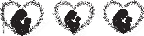 Mother embracing baby silhouette inside heart shape floral wreath with silhouette affection tenderness maternal cherishing happiness illustration minimalist