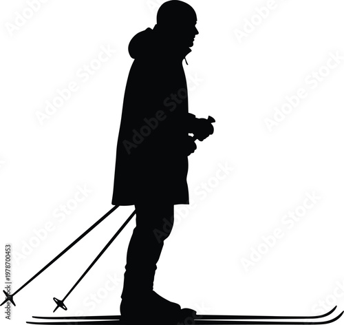Silhouette of a man skiing with poles in winter gear, representing outdoor sports, alpine adventure, holiday vacation, and cold weather.
