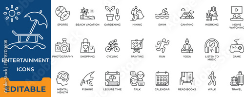 Entertainment, lifestyle and hobbies vector line icon set. Beach vacation, travel, sports, gaming, mental health and camping outline symbols Editable stroke.