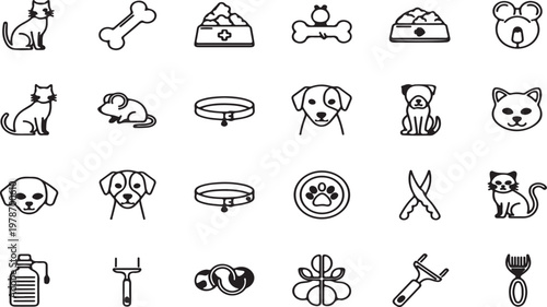 Collection of pet icons including cats dogs bones collars food bowls grooming tools with grooming scissors domestic accessories illustration collection