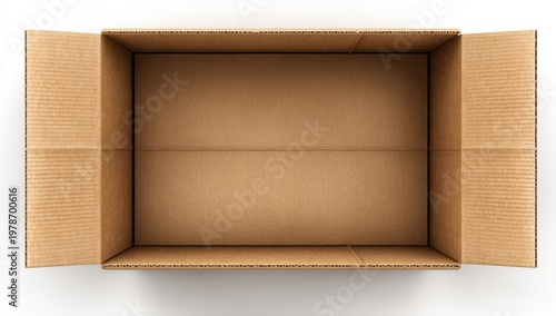 Open, empty, brown cardboard box, viewed from directly above