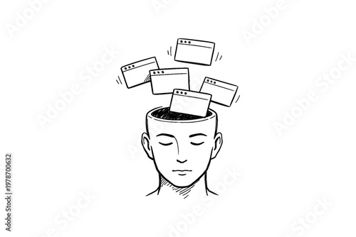 Conceptual illustration of information overload with browser tabs spilling out of a head
