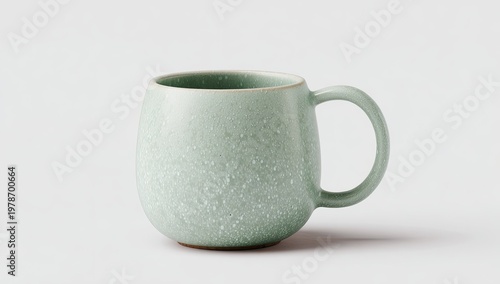 Speckled light green ceramic mug with a round handle on a white background