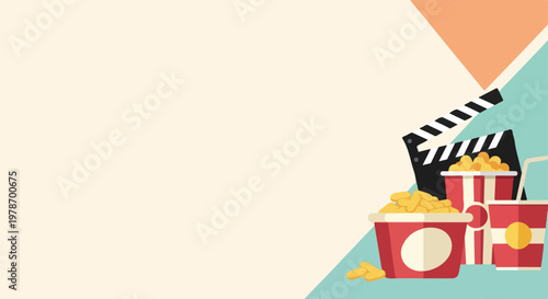 Minimalist flat vector featuring cinema snacks like popcorn, soda, and a clapperboard with ample copy space on the left side.