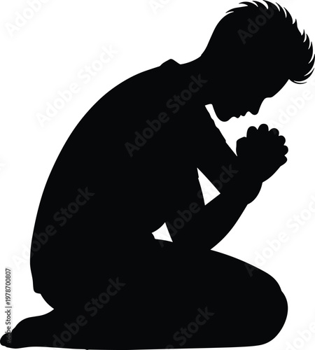 Silhouette of a man kneeling in prayer with hands clasped, representing faith, spirituality, hope, peace, and quiet religious devotion