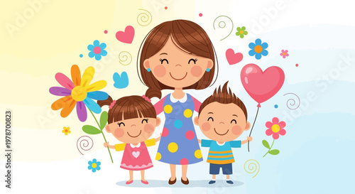 Cartoon Style Happy Family with Mother, Daughter, and Son Illustration