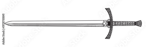 Original medieval or victorian 19 century sword and blade. Hand drawn engraving in traditional lineart ink style.