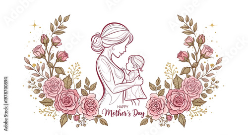 Elegant Line Art Mother and Child with Floral Decoration Illustration