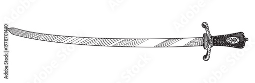 Original medieval or victorian 19 century saber sabre and blade. Hand drawn engraving in traditional lineart ink style.